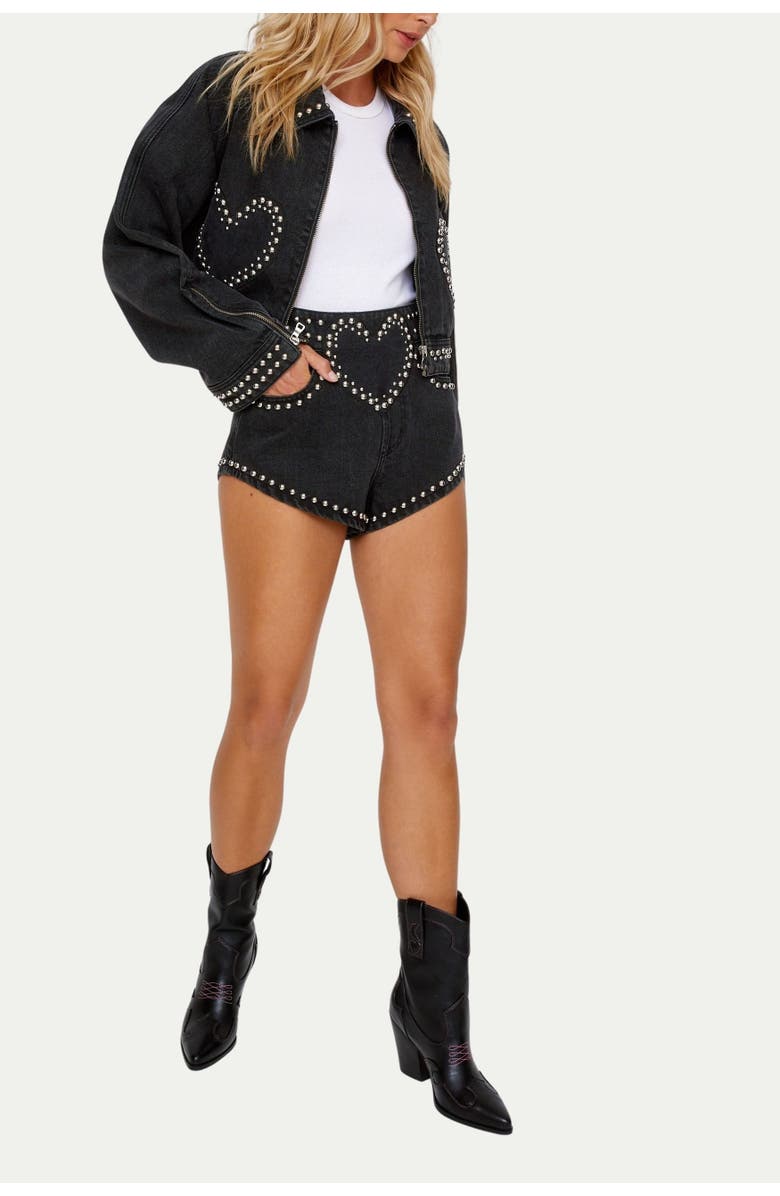 NASTY GAL Heart Studded Cropped Denim Jacket, Alternate, color, Washed Black