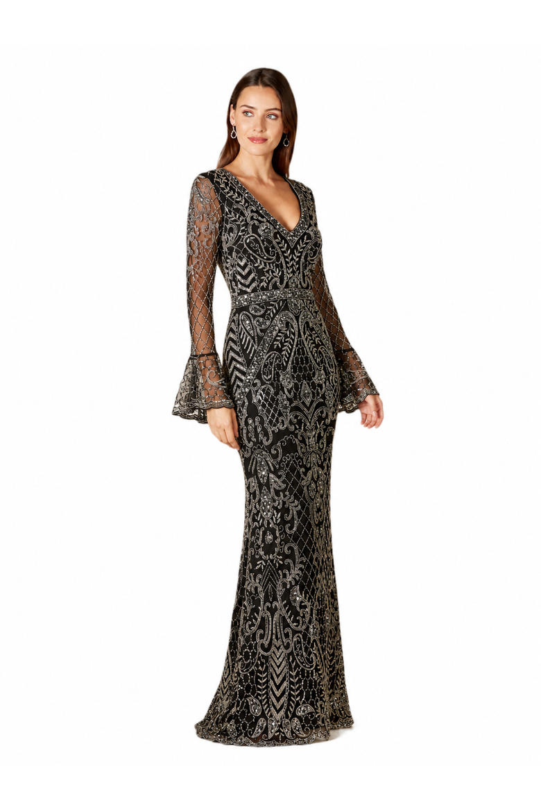Long Bell Sleeve V-Neck Beaded Gown, Alternate, color, Black/Silver
