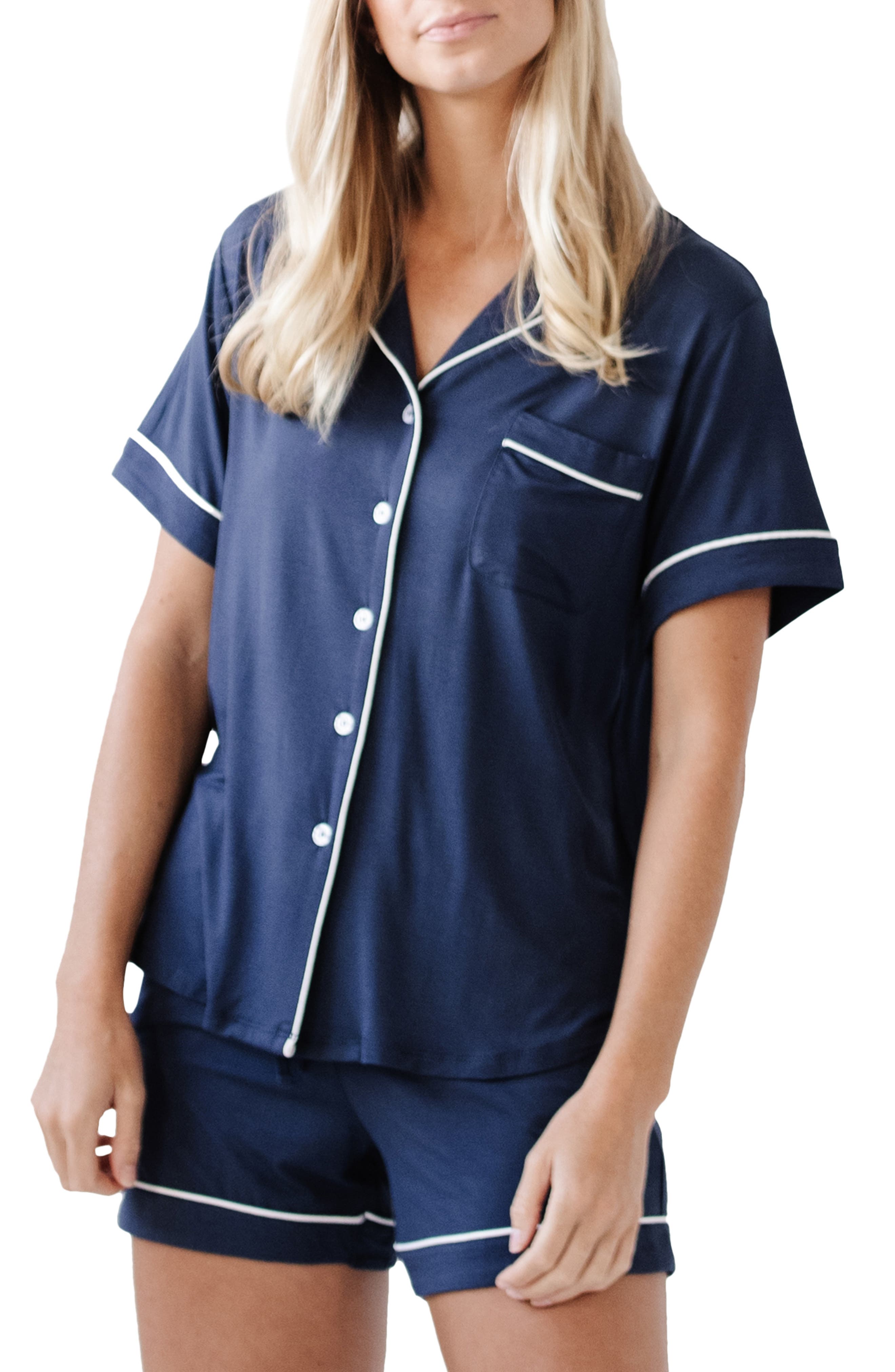Cozy Earth Short Sleeve Knit Pajamas in Navy 