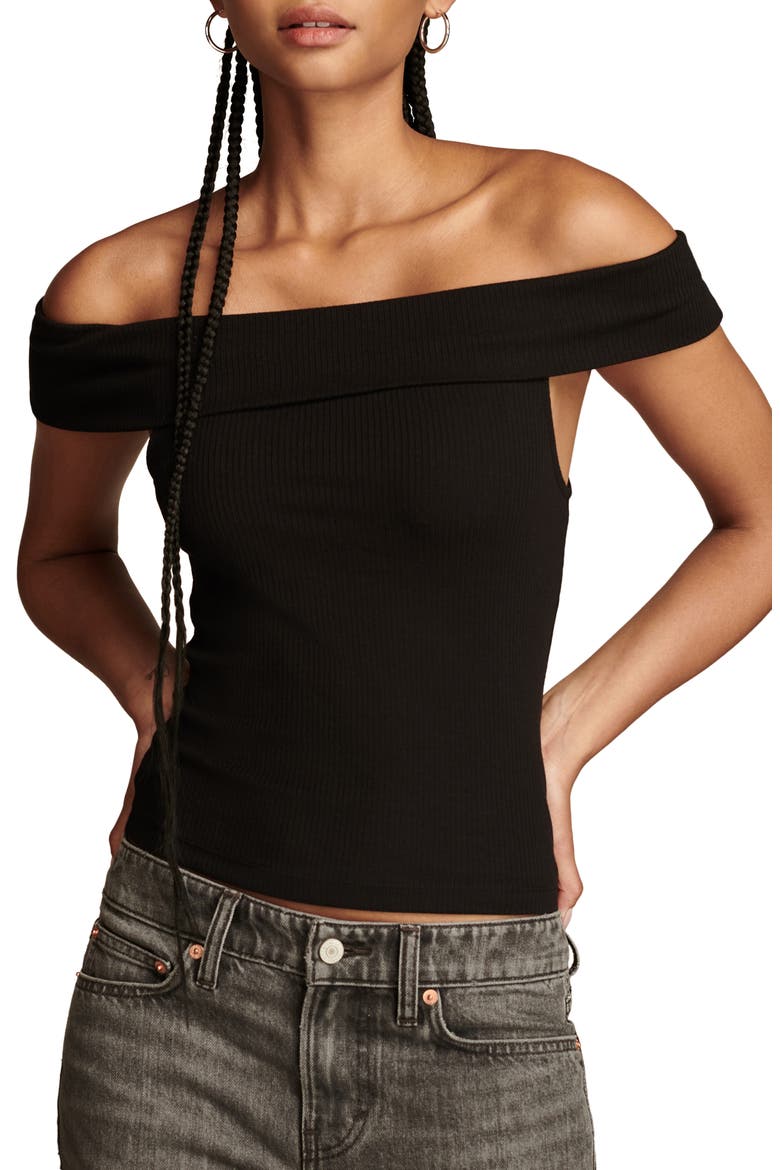 Off the Shoulder Rib Top, Main, color, JET BLACK