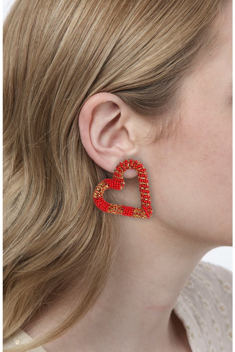 Preeti Beaded Heart Hoop Earrings, Alternate, color, RED