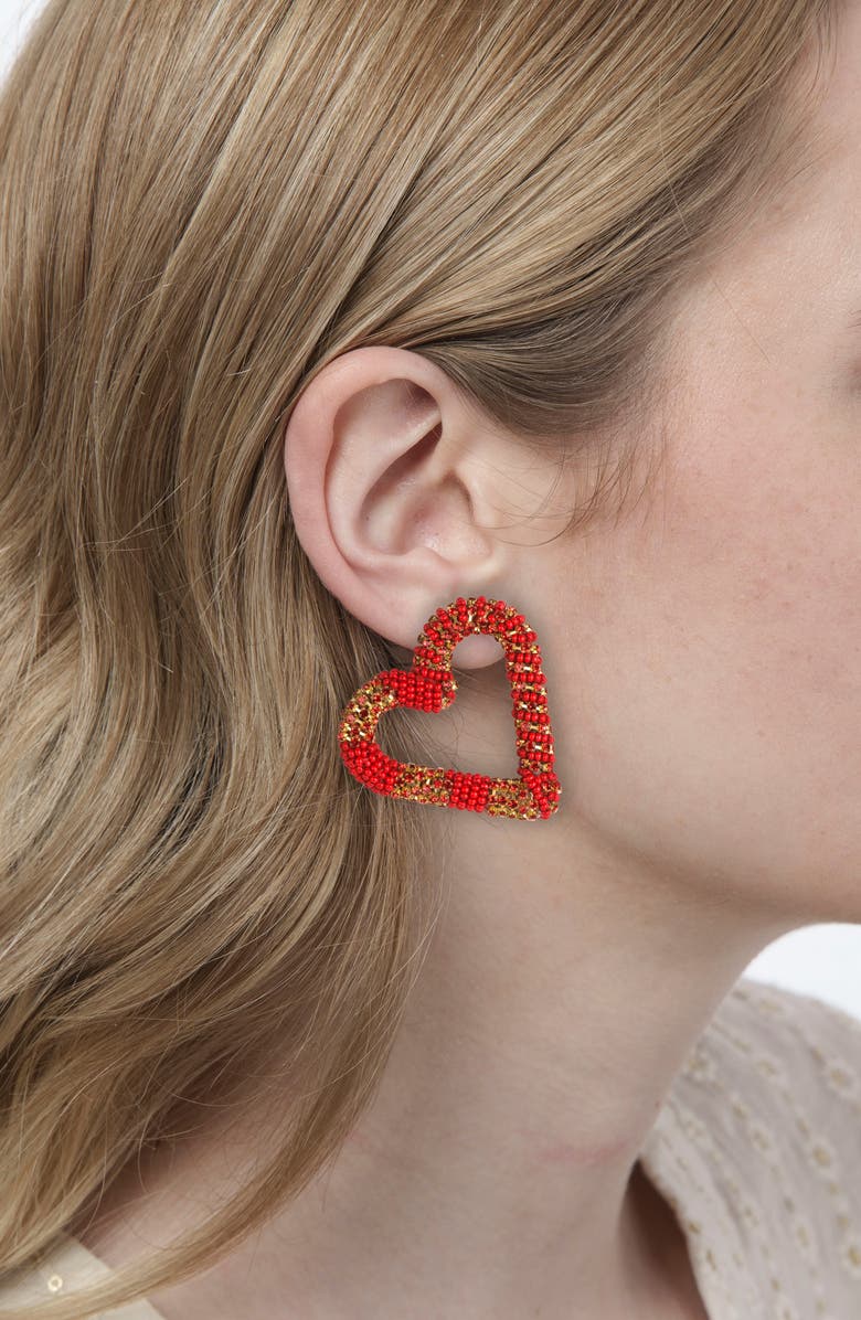Deepa Gurnani Preeti Beaded Heart Hoop Earrings, Alternate, color, Red