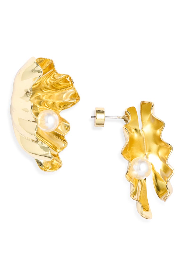 Fluted Faux Pearl Stud Earrings, Main, color, WHITE- GOLD