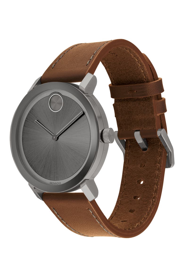 Bold Leather Strap Watch, 40mm, Alternate, color, COGNAC/ GREY