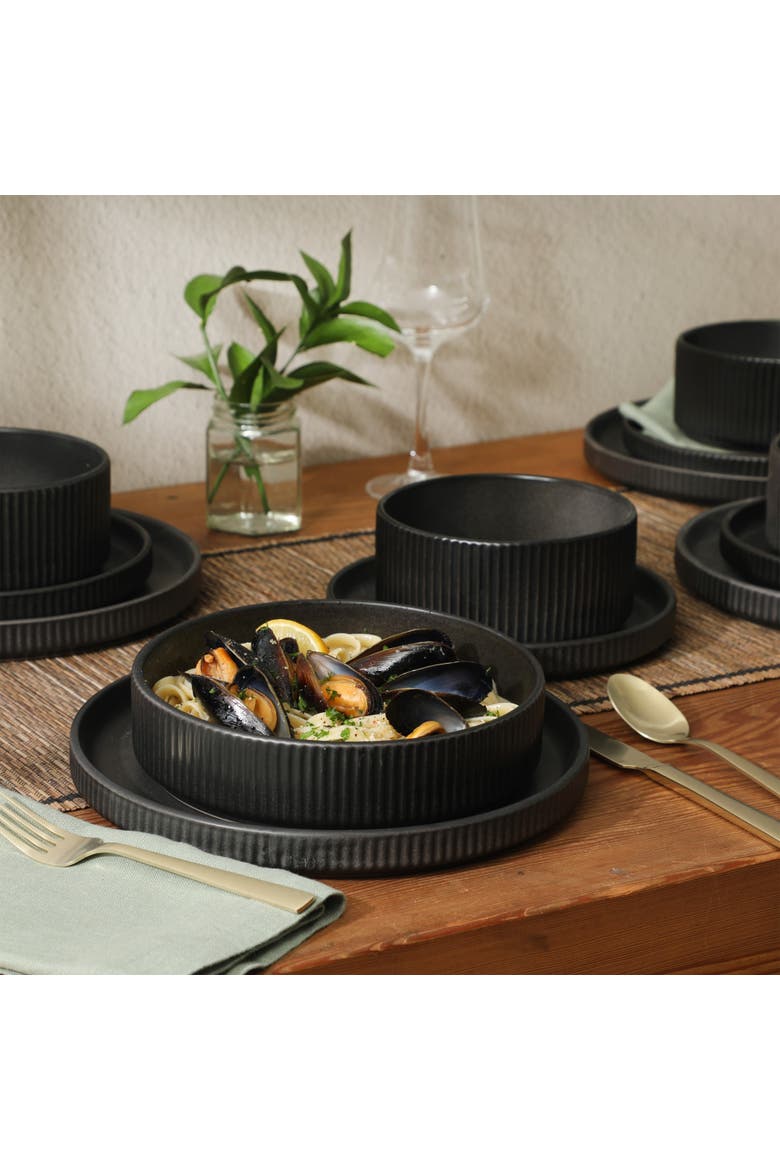 16 Piece Reactive Glaze Stoneware Plates and Bowls Dinnerware Set, Alternate, color, Black