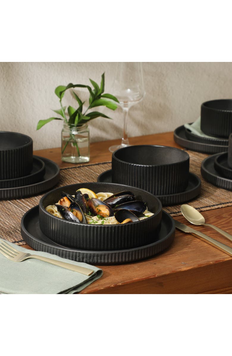 Gibson Elite 16 Piece Reactive Glaze Stoneware Plates and Bowls Dinnerware Set, Alternate, color, Black