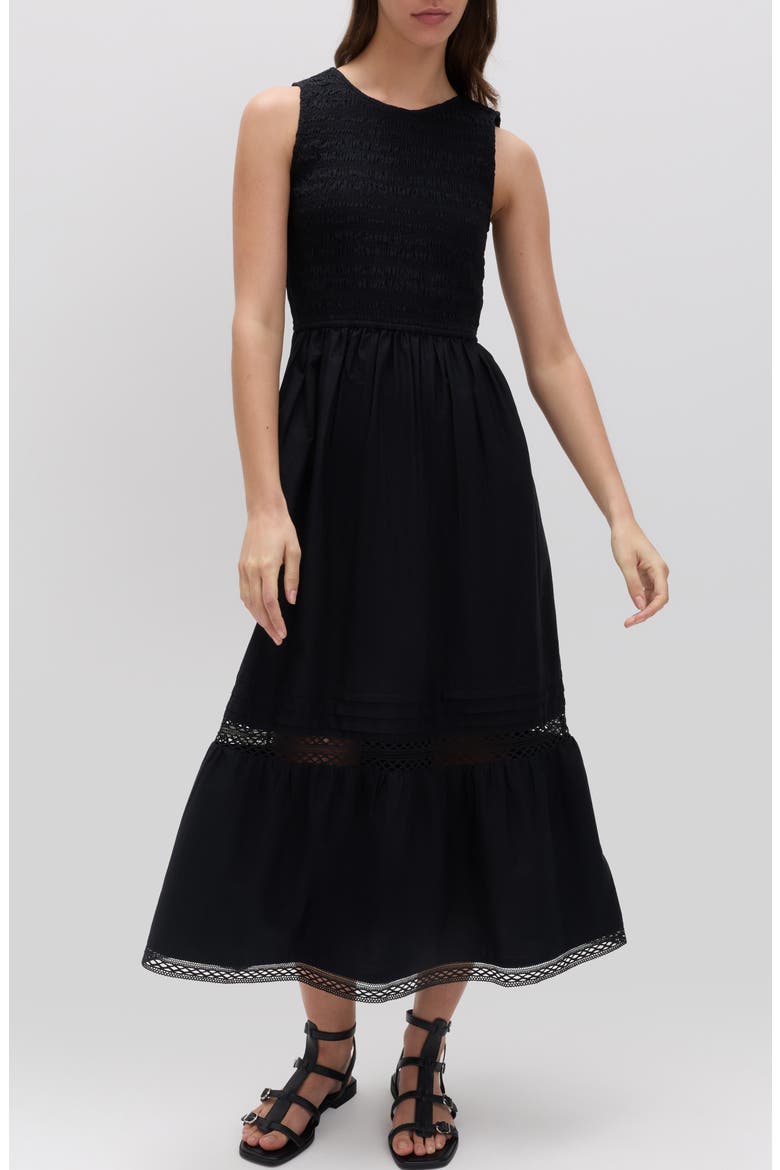 Smocked Lace Trim Sleeveless Cotton Maxi Dress, Main, color, BLACK
