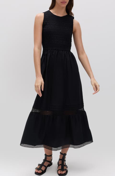 Smocked Lace Trim Sleeveless Cotton Maxi Dress