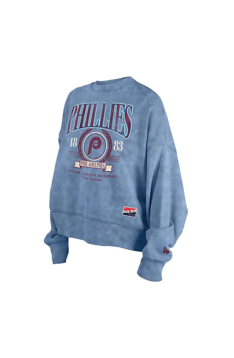 New Era Women's New Era Light Blue Philadelphia Phillies Throwback Boxy Enzyme Wash Fleece Crewneck Pullover, Alternate, color,