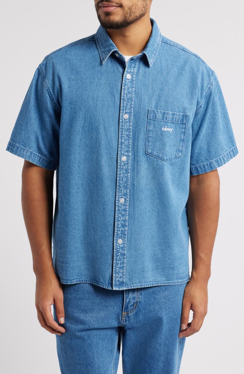 Obey Bigwig Loose Fit Short Sleeve Cotton Denim Button-Up Shirt, Alternate, color, Light Indigo