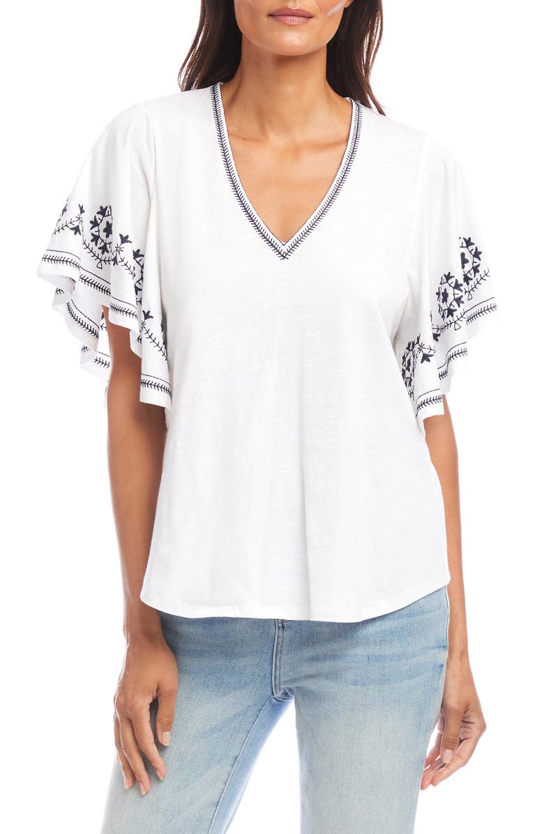 Karen Kane Embroidered Flutter Sleeve Organic Cotton Top, Main, color, Off White
