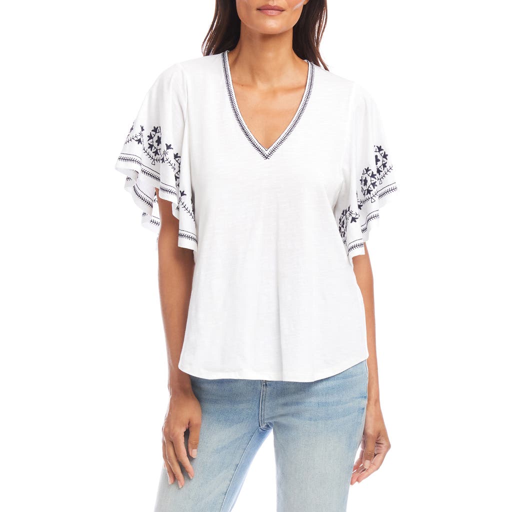 Karen Kane Embroidered Flutter Sleeve Organic Cotton Top