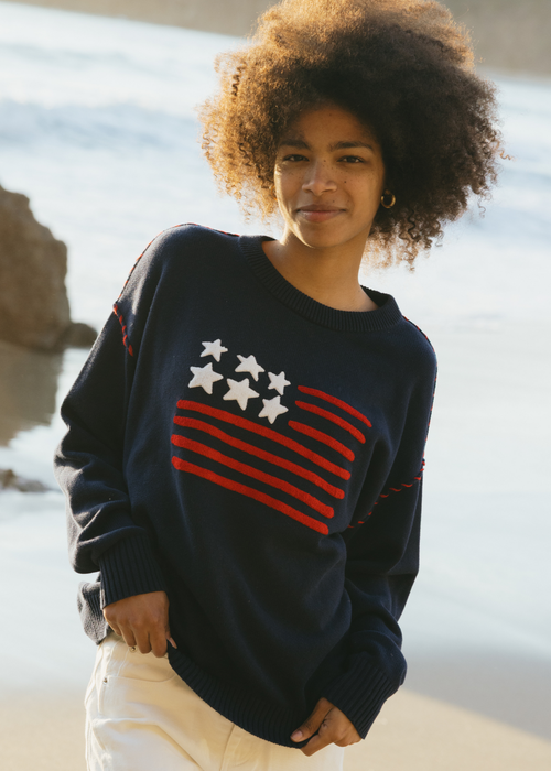 Ellsworth + Ivey Riley Crewneck American Flag Sweater In Navy In Blue