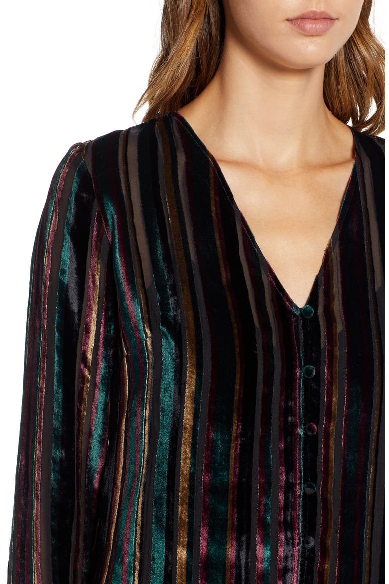 Long Sleeve Button Front Dress, Alternate, color, BLACK VELVET STRIPE