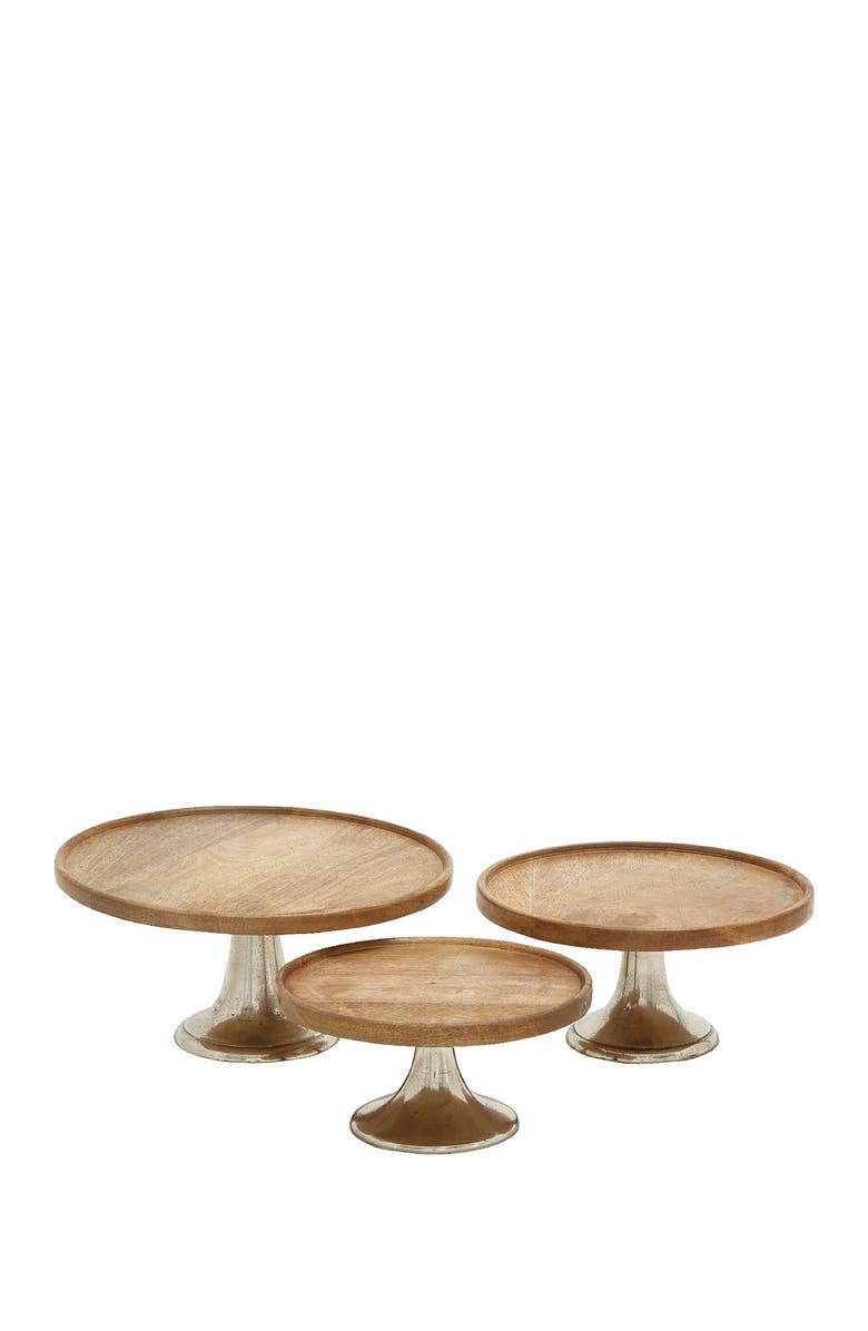 GINGER BIRCH STUDIO Brown Mango Wood Cake Stand with Aluminum Accents - Set of 3, Main, color, 