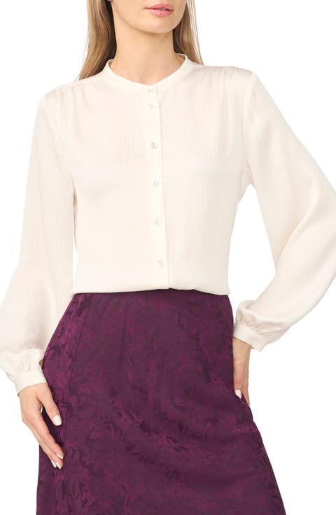 Shirred Long Sleeve Band Collar Shirt
