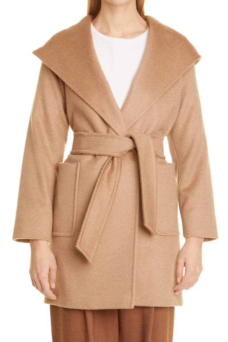 Rialto Hooded Camel Hair Wrap Coat, Main, color, CAMEL