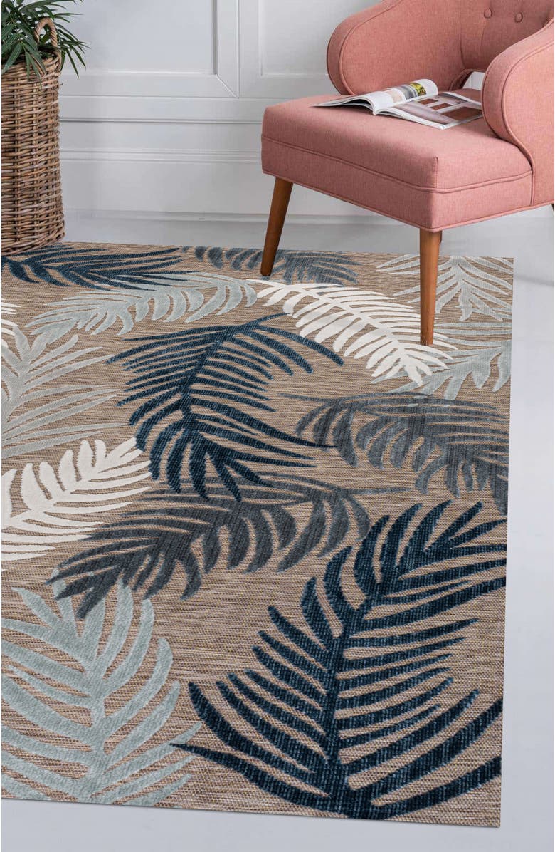 JONATHAN Y Montego High-Low Tropical Palm Indoor/Outdoor Area Rug, Alternate, color, Brown/Navy/Ivory