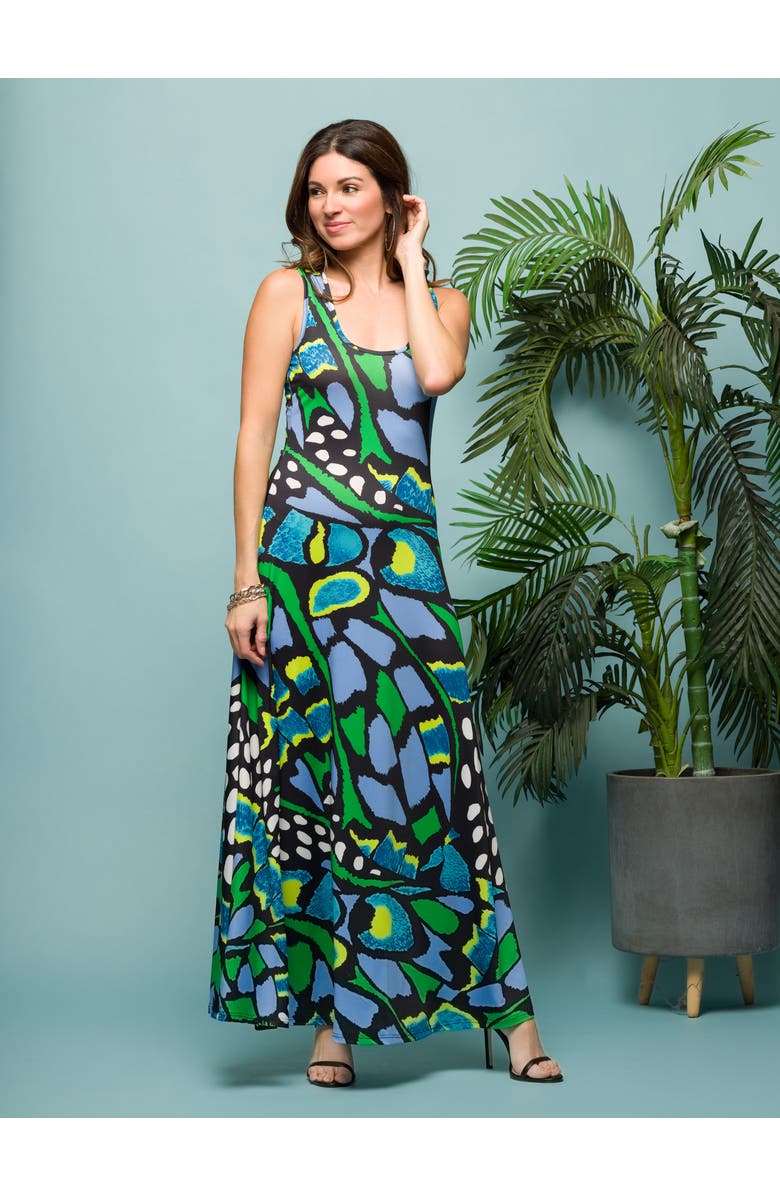 24seven Comfort Apparel Blue Butterfly Print Scoop Neck A-Line Sleeveless Maxi Dress, Alternate, color, Green Multi