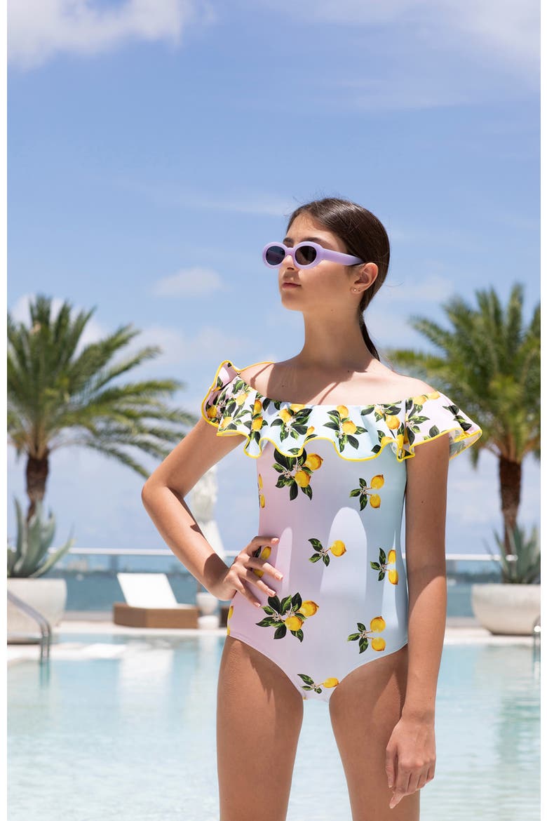 Off Shoulder Multicolor Lemon Print  One-Piece Swimsuit, Little Kid-Big Kid, Alternate, color, Multicolor