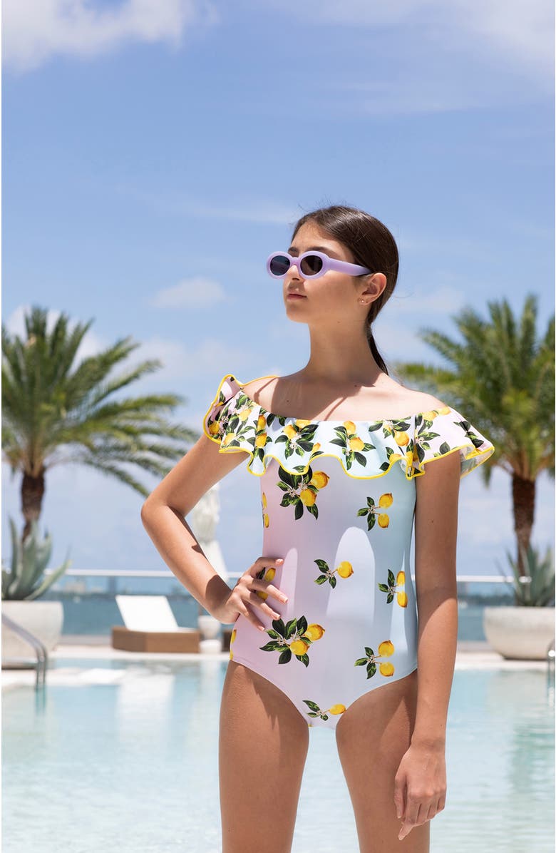 NESSI BYRD Off Shoulder Multicolor Lemon Print One-Piece Swimsuit, Little Kid-Big Kid, Alternate, color, Multicolor