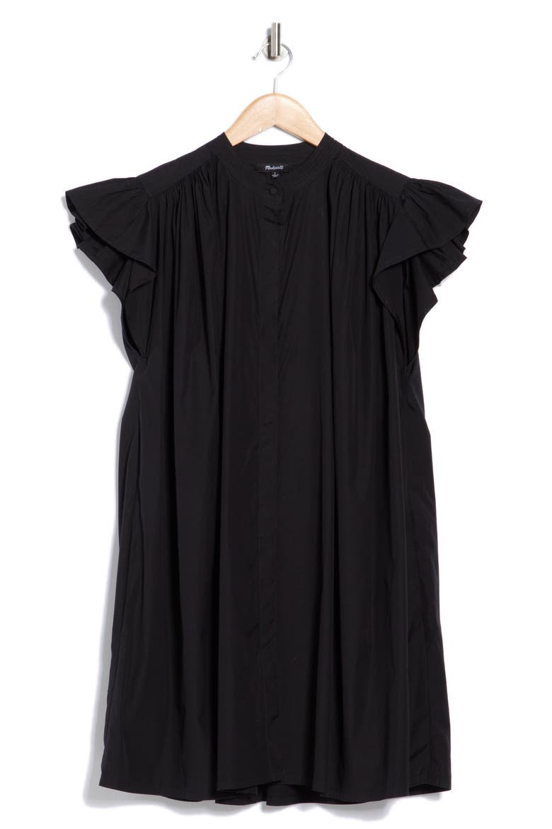 Flutter Sleeve Button Front Poplin Minidress, Alternate, color, JET BLACK