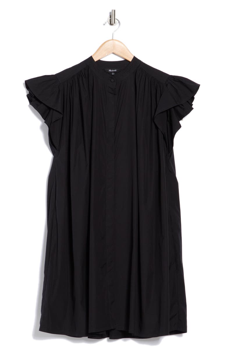 Madewell Flutter Sleeve Button Front Poplin Minidress, Alternate, color, Jet Black