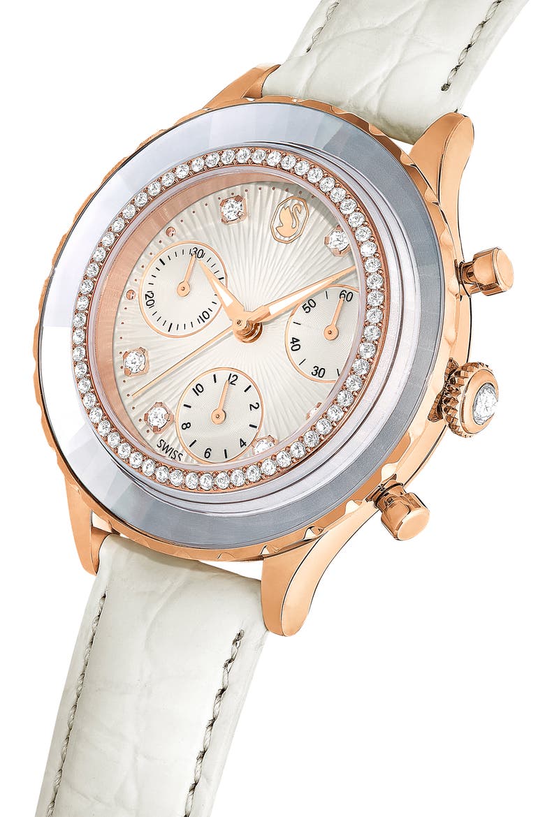 Octea Chronograph Leather Strap Watch, 37mm, Alternate, color, WHITE
