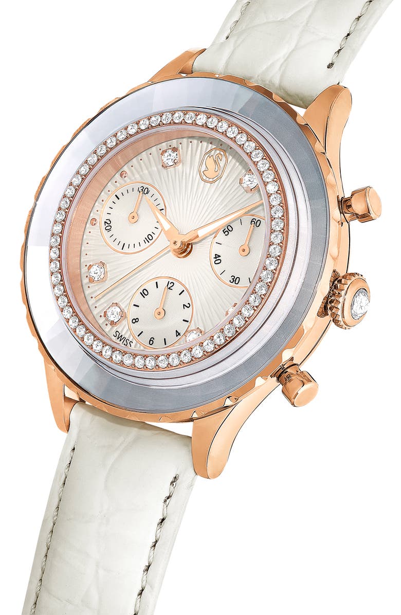 Swarovski Octea Chronograph Leather Strap Watch, 37mm, Alternate, color, White