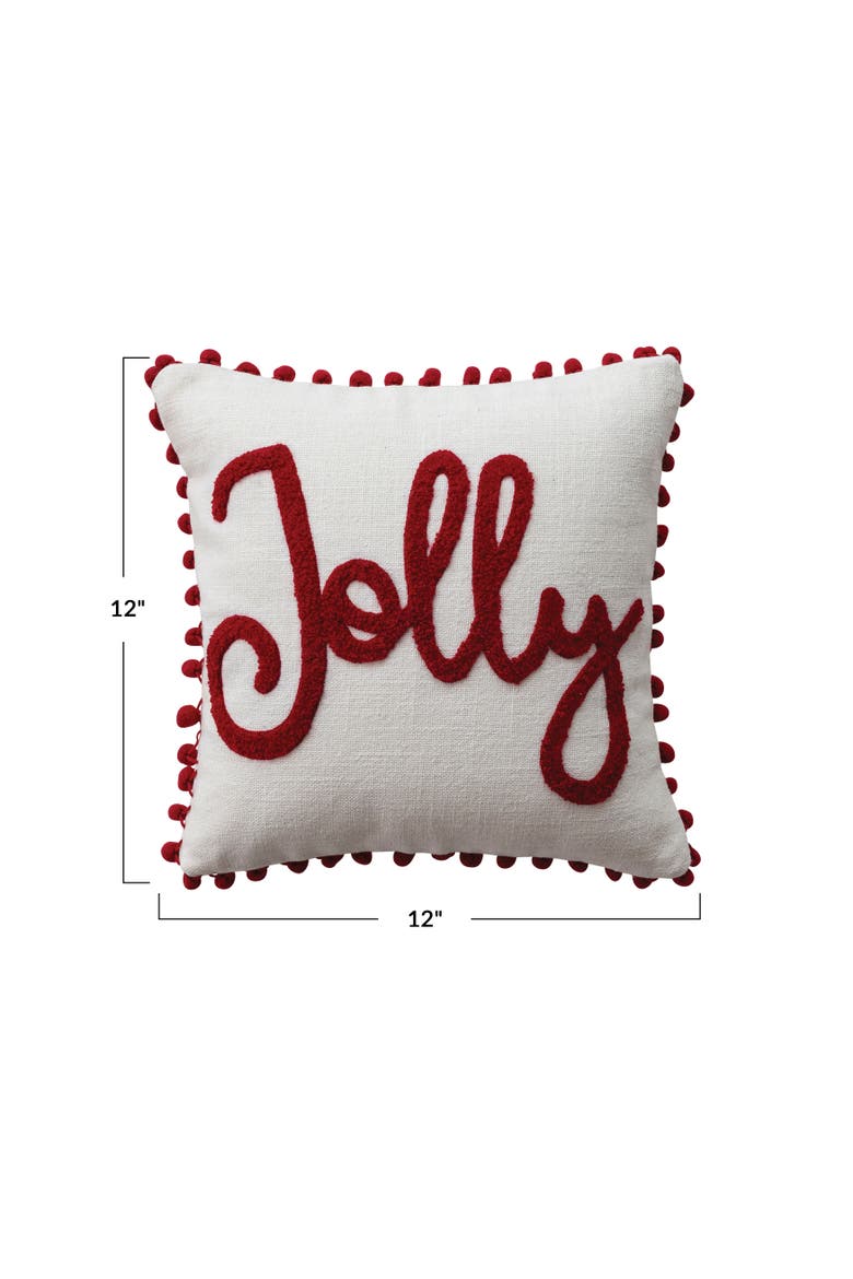 Jolly Embroidered Cotton Slub Pillow with Pom Pom Trim, Alternate, color, Red and White