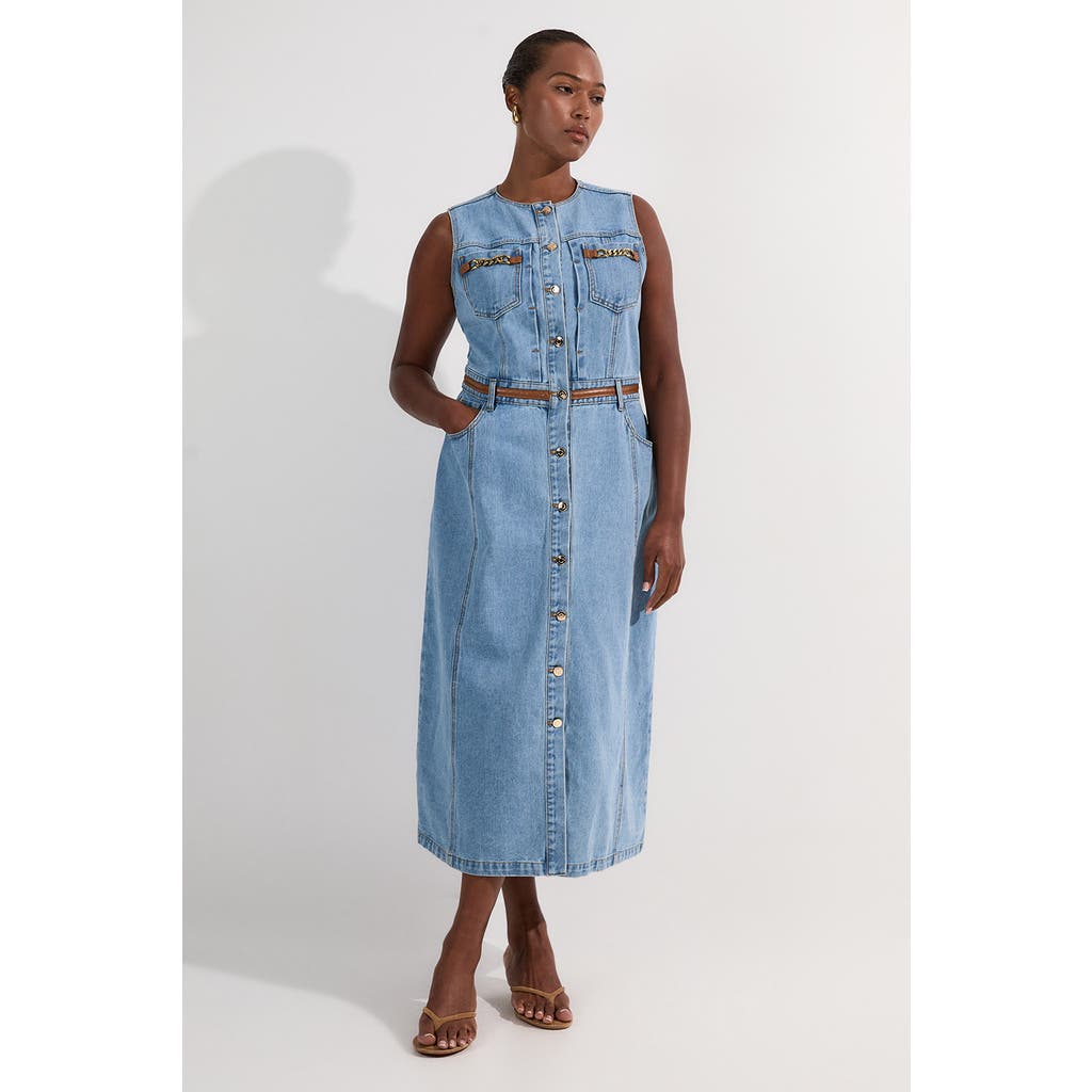 Karen Millen Tipping Sleeveless Midi Denim Dress In Blue