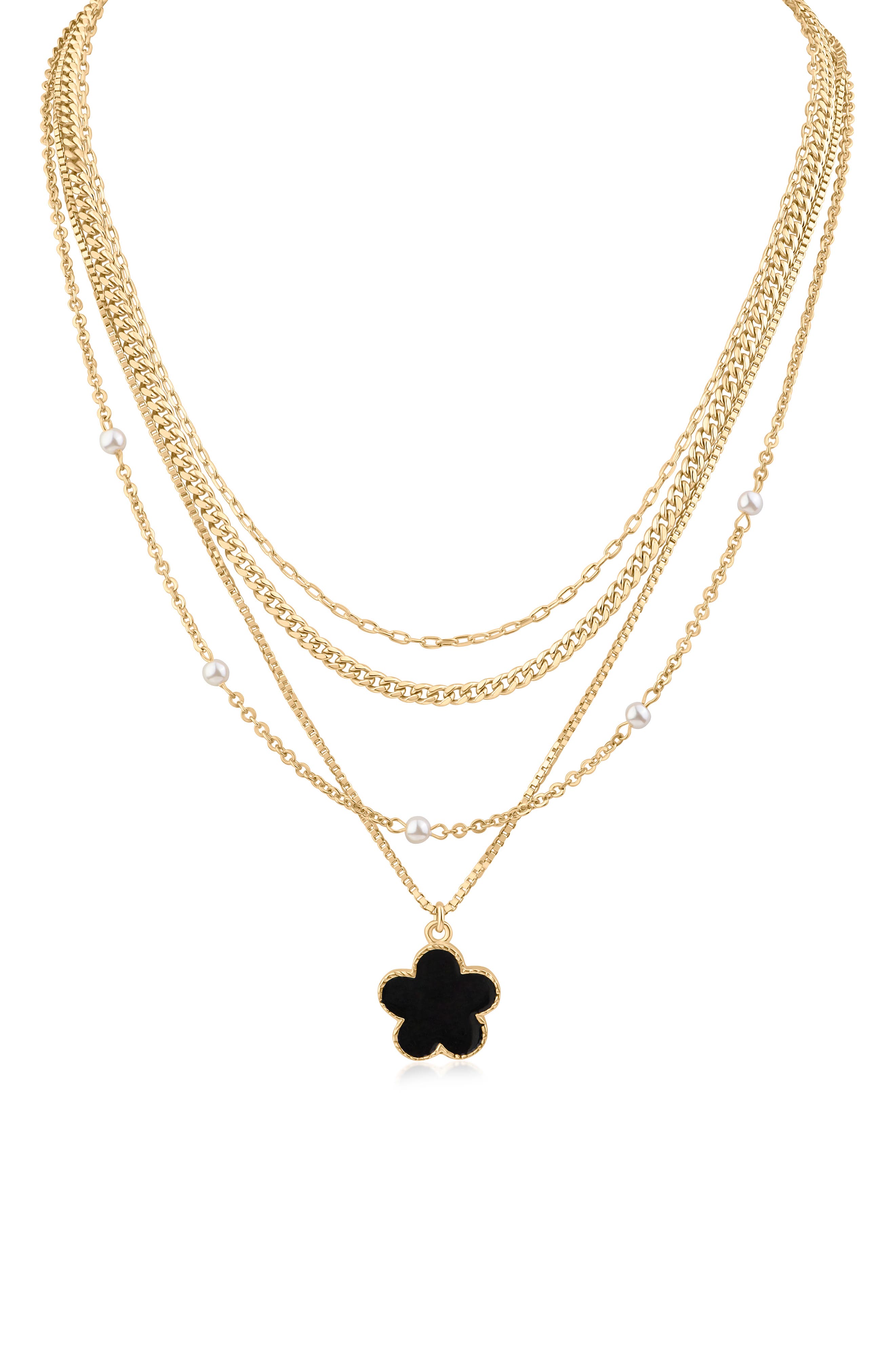 JARDIN Faux Pearl & Clover Pendant Layered Necklace