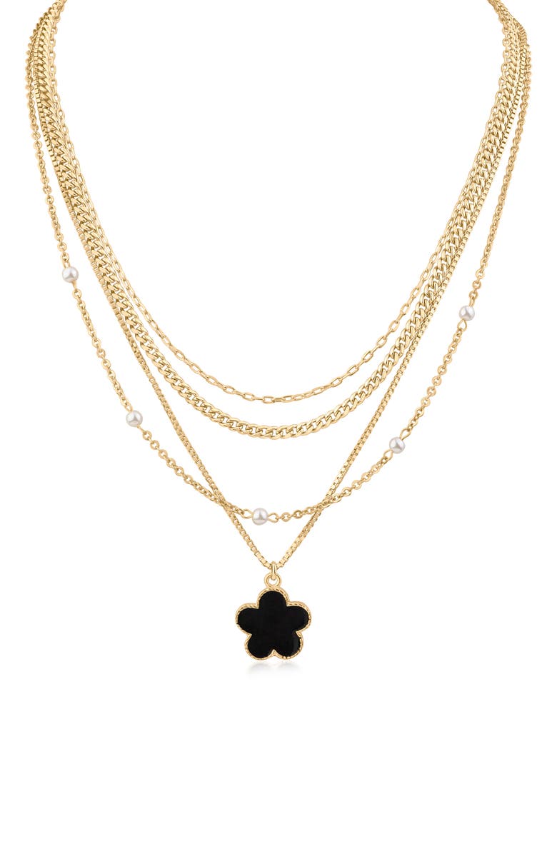 JARDIN Faux Pearl & Clover Pendant Layered Necklace, Main, color, White/ Black/ Gold