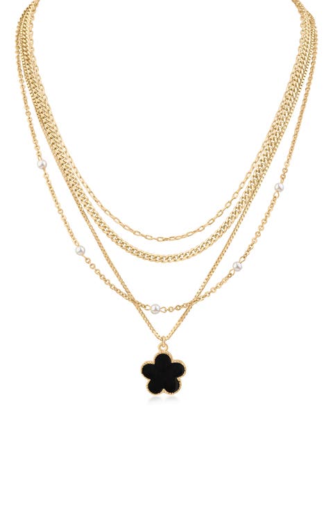 Faux Pearl & Clover Pendant Layered Necklace