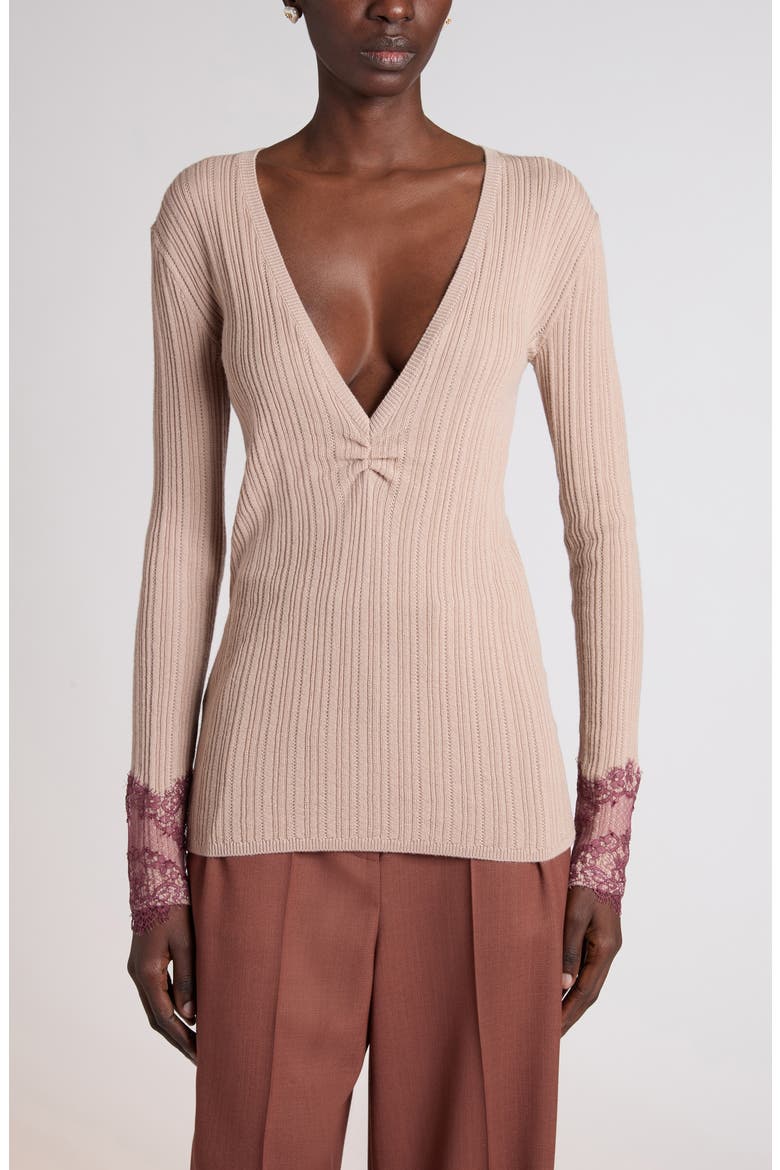 Lace Trim Cashmere Sweater, Main, color, POUDRE