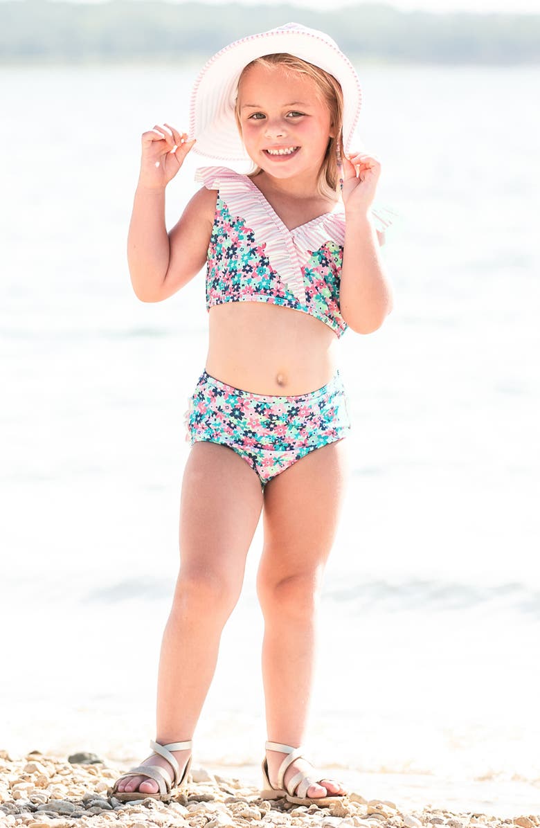 RuffleButts Water Lilies Two-Piece Swimsuit & Hat Set, Alternate, color,