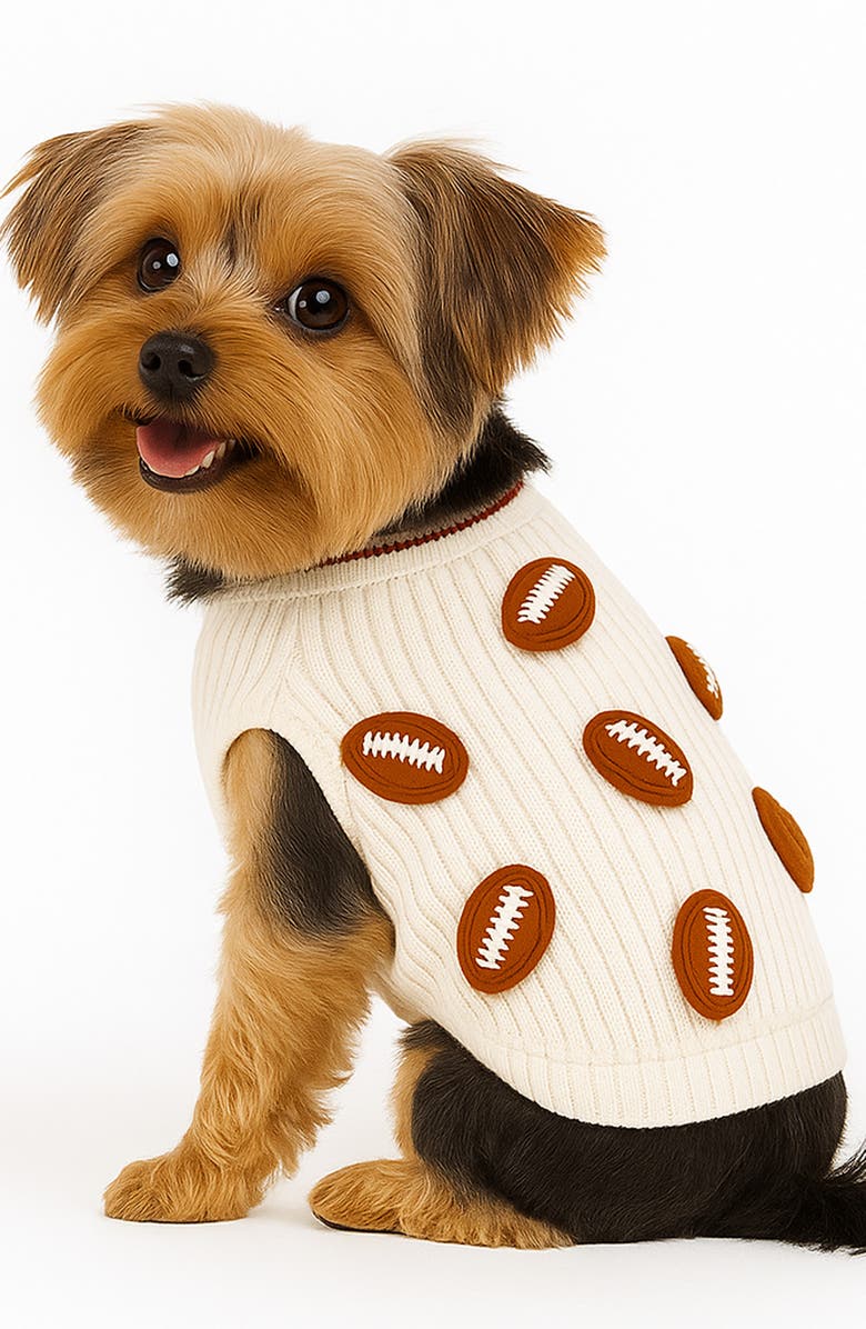 Found My Animal Football 3D Icon Rib Dog Sweater, Alternate, color, Cream
