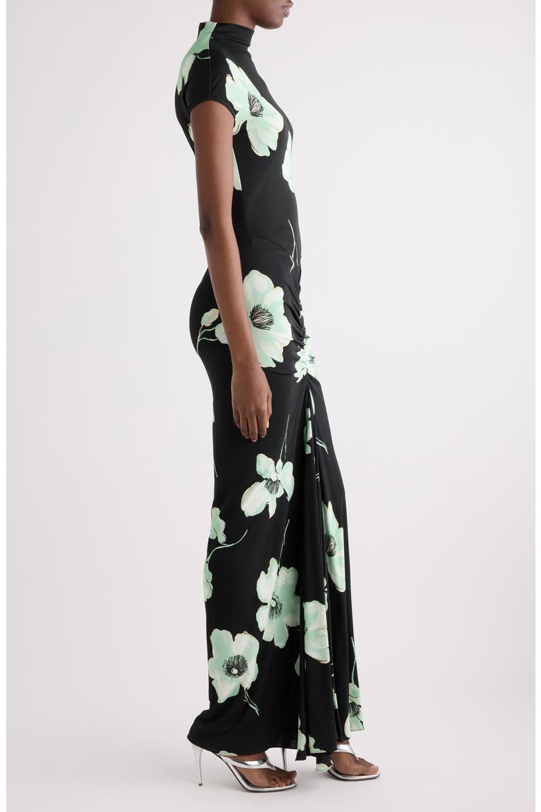 Floral Print Ruched Jersey Dress, Alternate, color, NOIR/ AQUA