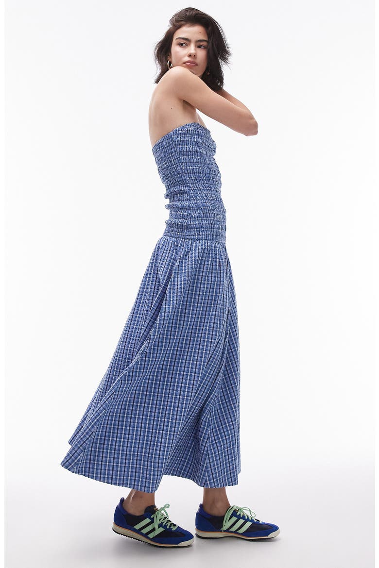 strapless plaid dress Altar'd State | Gia Maxi | BLUE-BROWN | Material: 100% Polyester, Lining: 100% Polyester Plaid Smocked Strapless Cotton Maxi