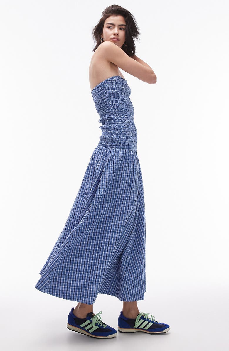 Topshop Plaid Smocked Strapless Cotton Maxi Dress, Main, color,