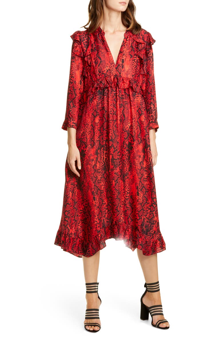 ba&sh Sahara Snakeskin Print Midi Dress, Main, color, Rouge