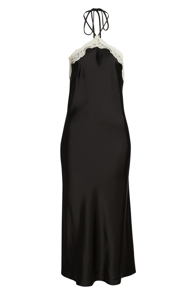Celia Lace Trim Halter Satin Dress, Alternate, color, BLACK