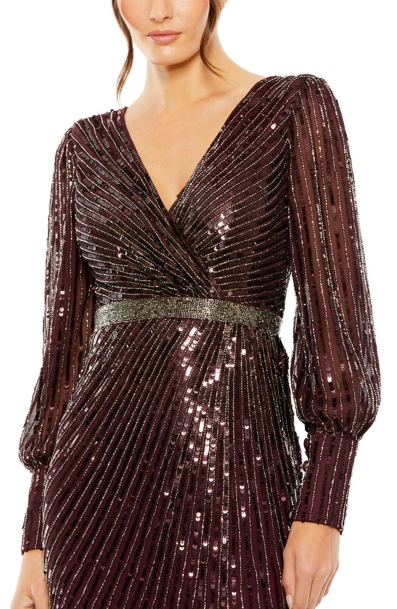 Mac Duggal Sequined Wrap Gown with Dramatic Bishop Sleeves, Alternate, color, Blackberry