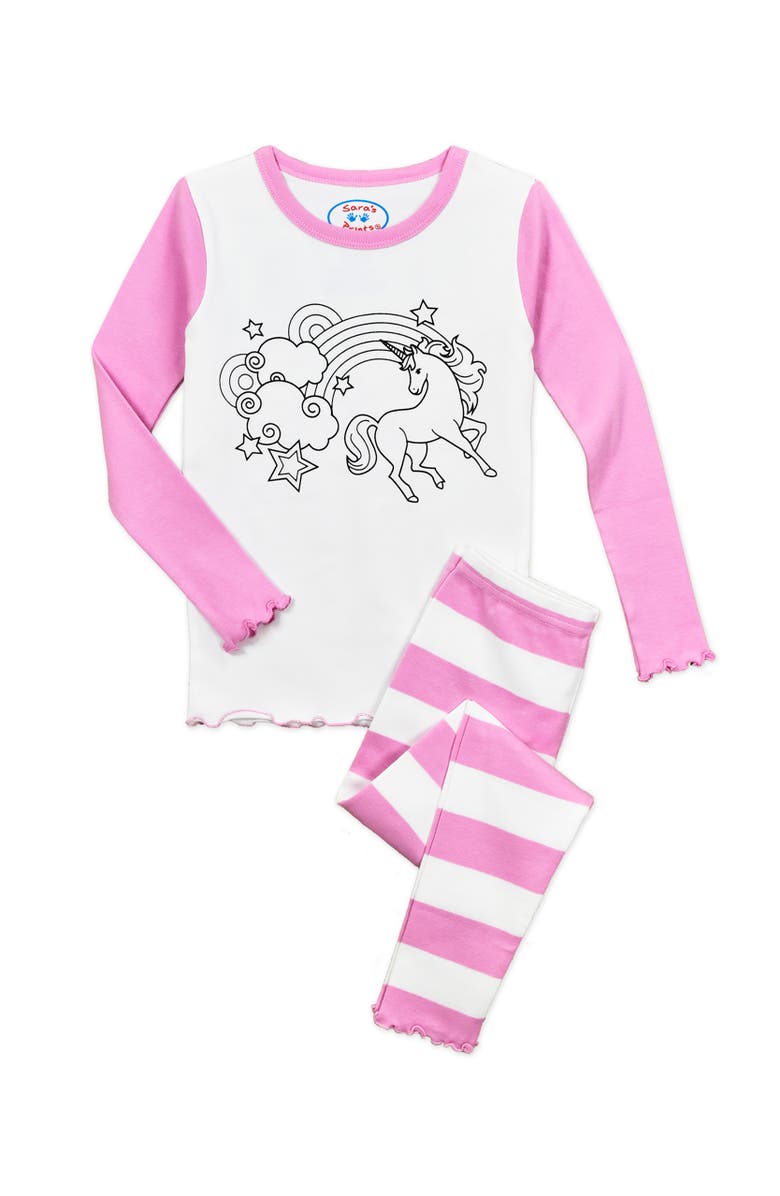 Sara’s Prints Color Me PJ Fitted Pajamas with Fabric Marker Set Cotton Blend, Alternate, color, Unicorn