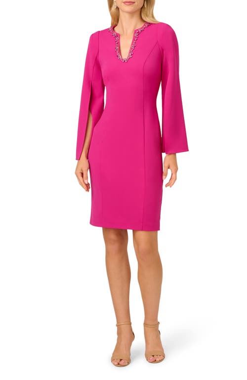 Adrianna Papell Jewel Cape Sleeve Crepe Sheath Dress in Berry Rose 