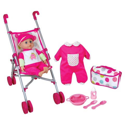 13 Inch Baby Doll & Umbrella Stroller Set, Pink & Unicorn, Accessories