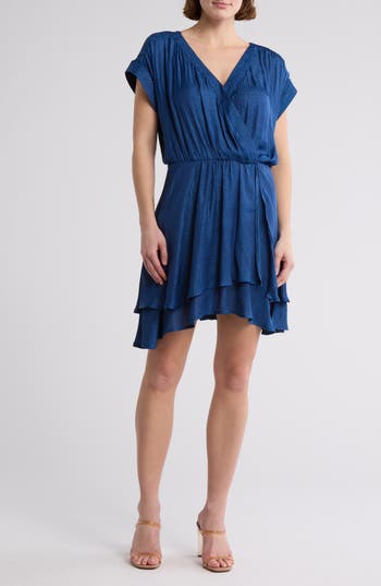 Socialite Cap Sleeve Satin Tiered Minidress in Navy Peony at Nordstrom Rack, Size Small