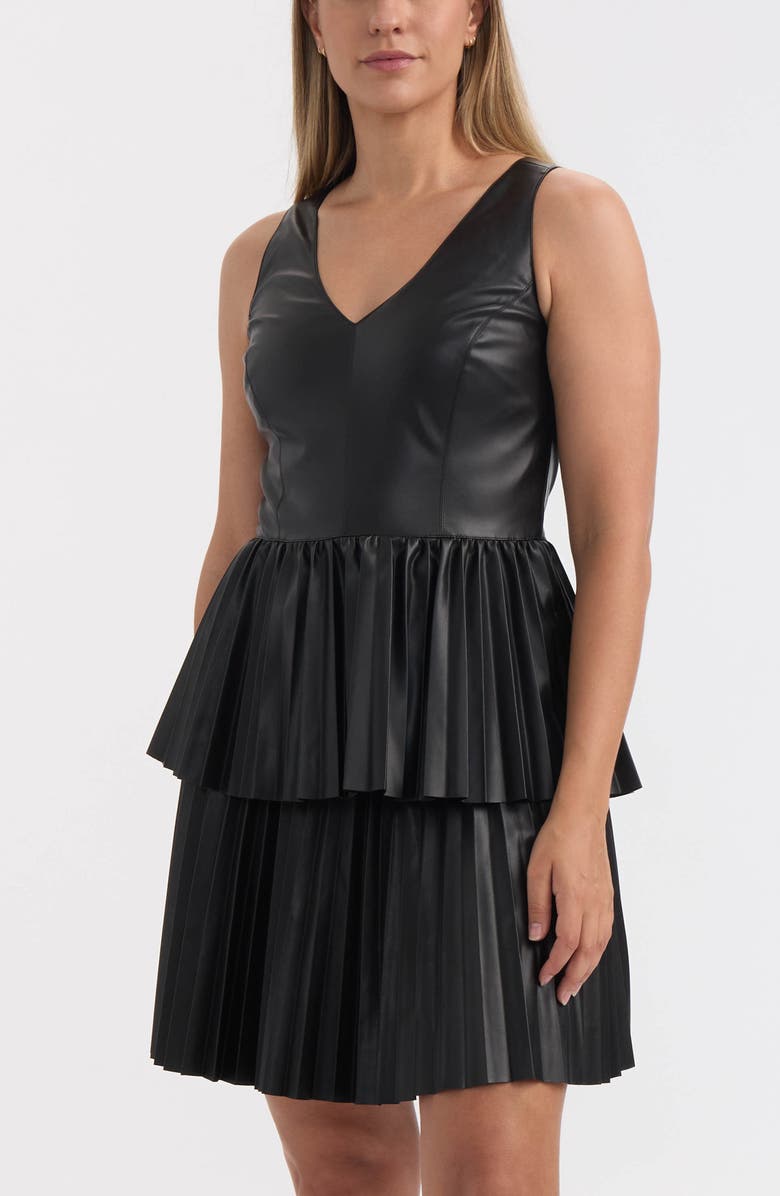 Ellen Tracy Pleated Tiered Faux Leather Dress, Alternate, color, Black