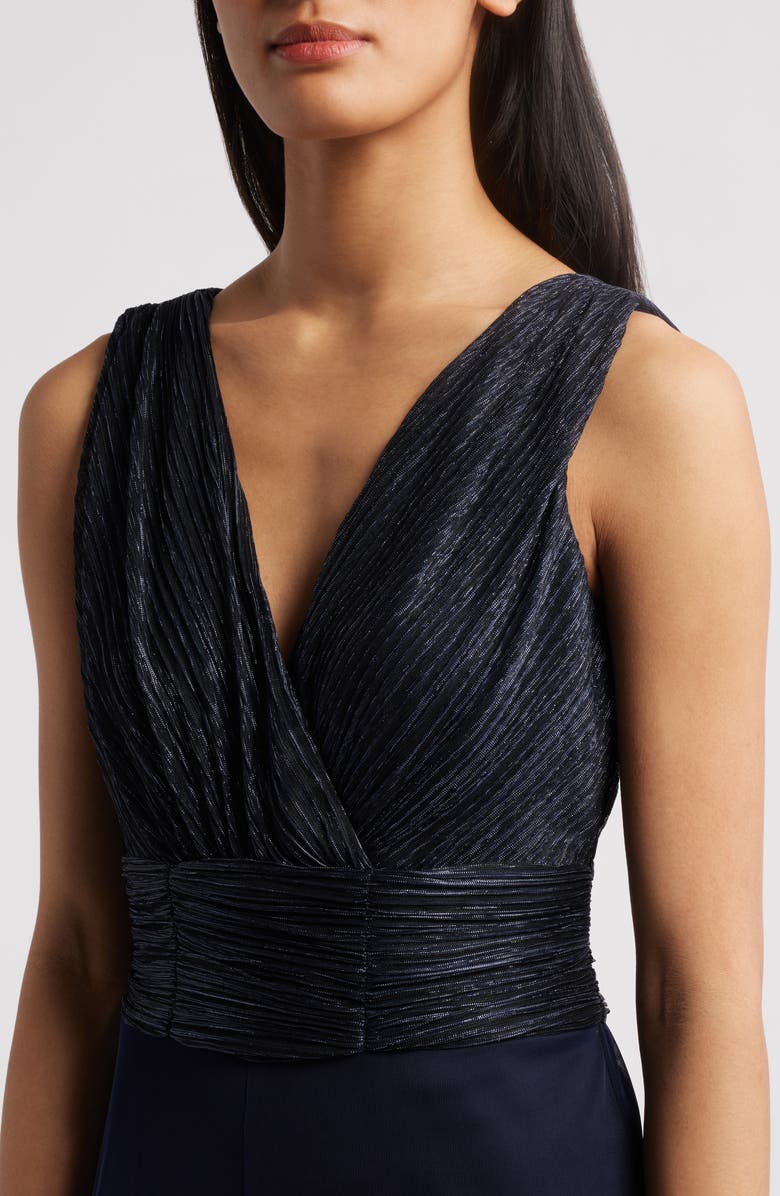 Connected Apparel Metallic Plissé Mixed Media Wide Leg Jumpsuit, Alternate, color, Navy