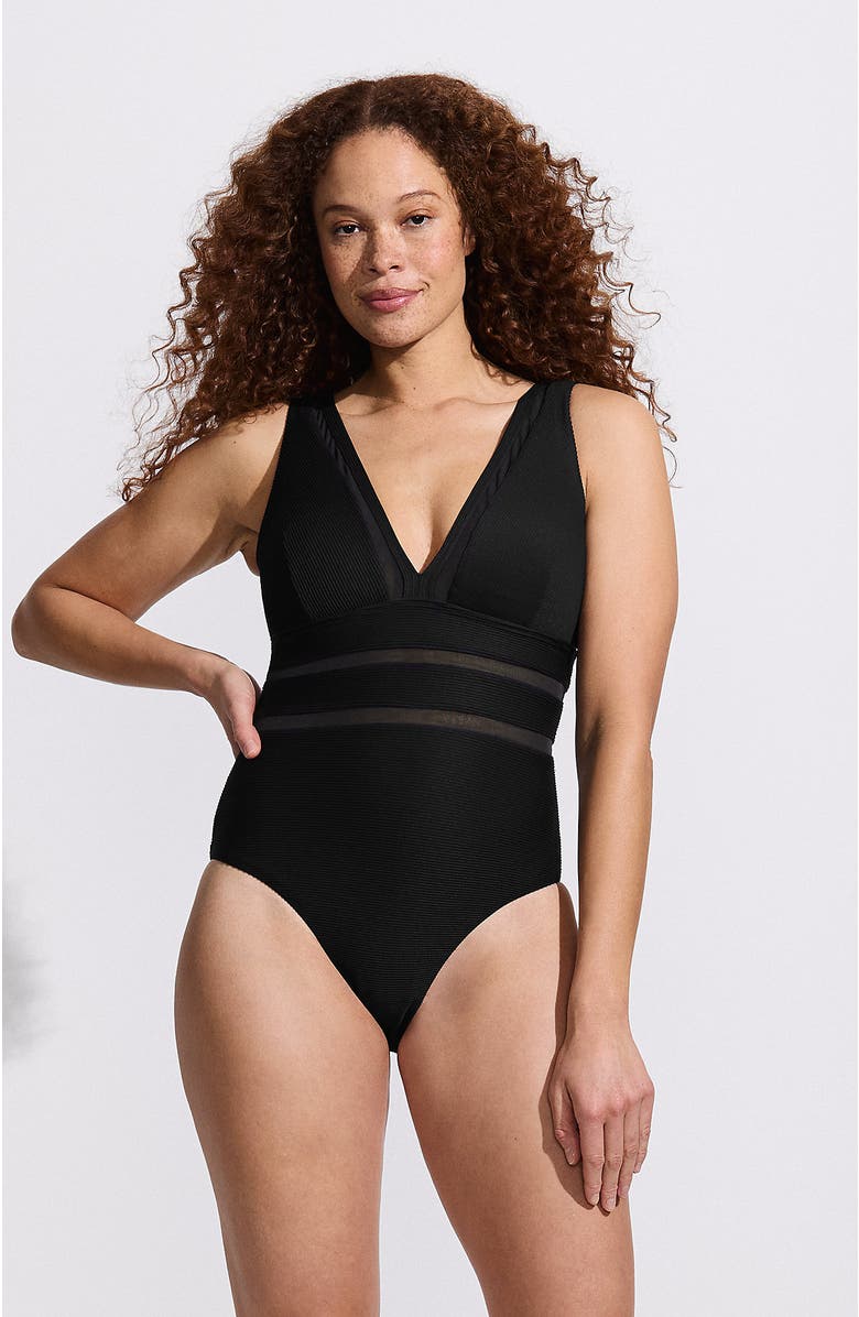 Lands' End Mesh Plunge High Leg One Piece Swimsuit, Main, color, Black Ottoman